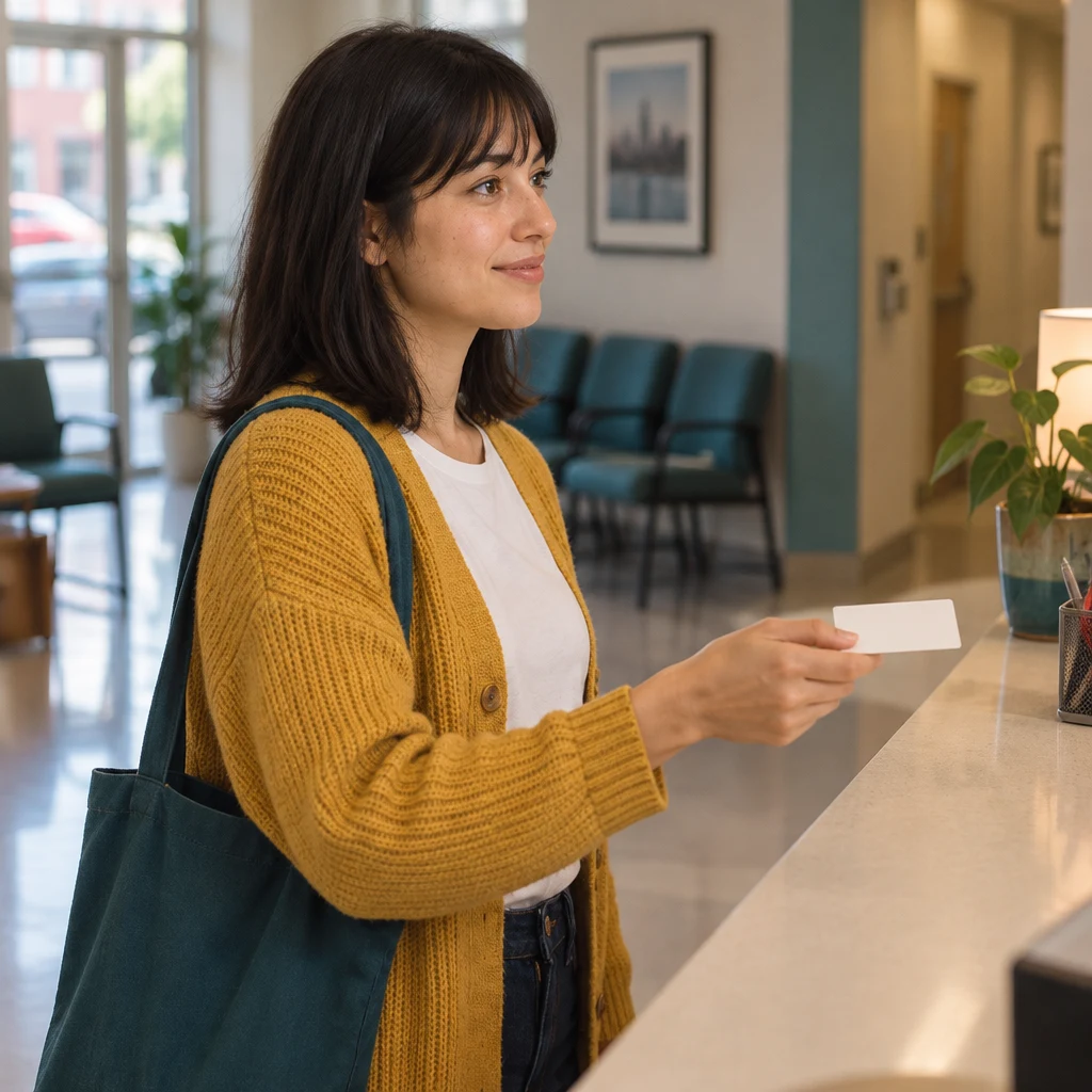 Ana holds out a blank appointment card at the desk as she confirms her visit time.