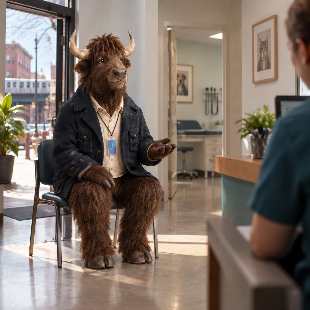 Murray enters the clinic and gestures toward the desk to ask about seeing the doctor without a booking.