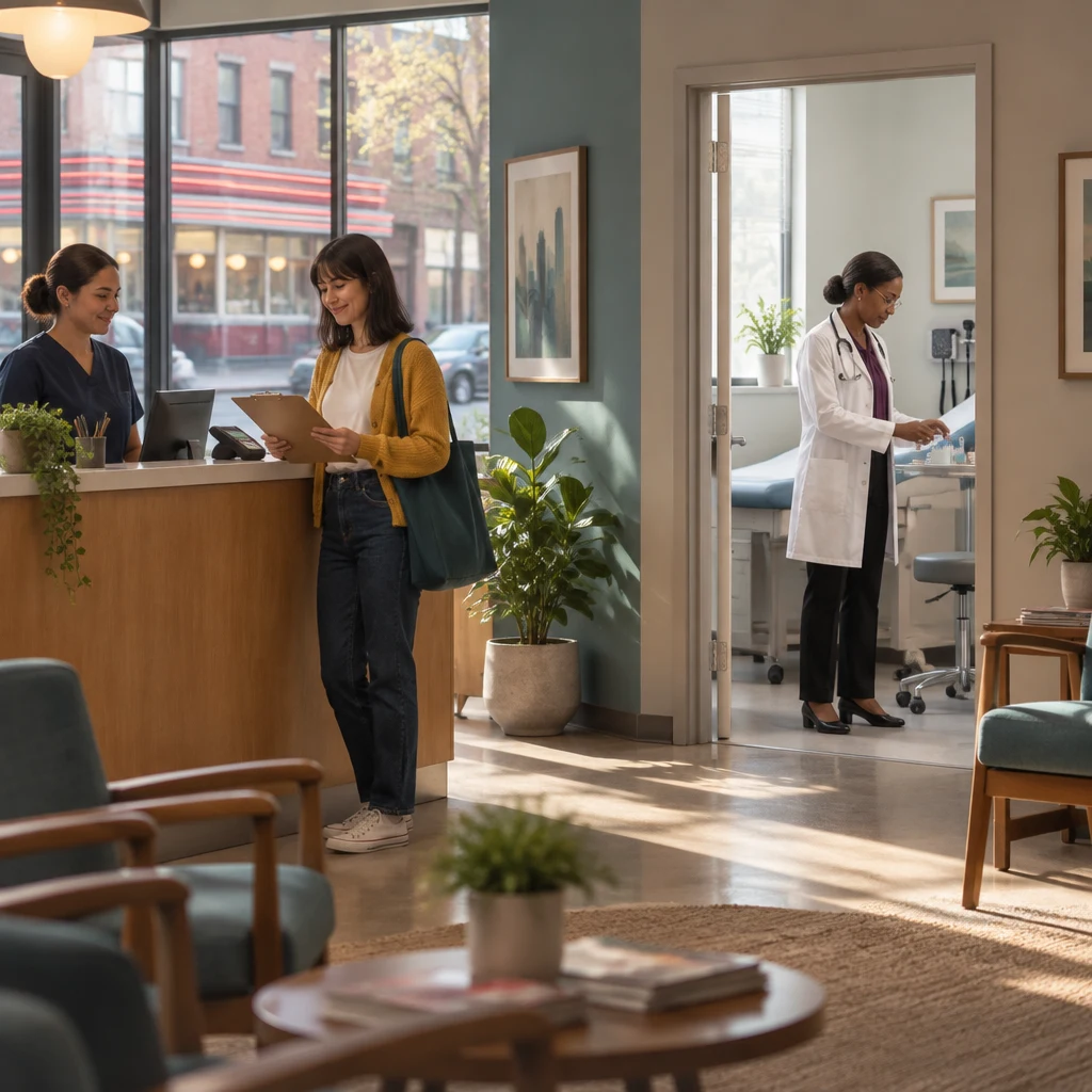 Ana waits at the clinic front desk as Dr. Okafor is visible in the exam room.