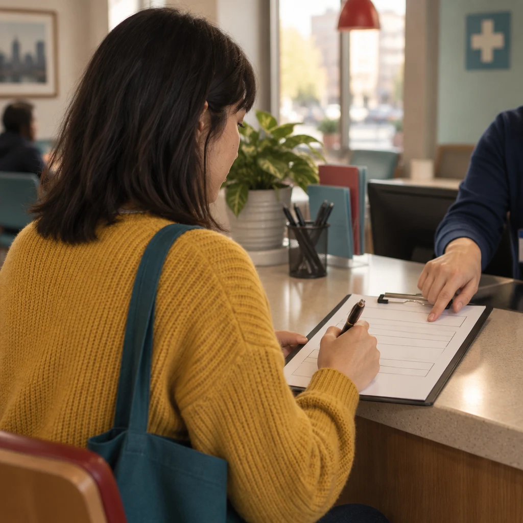 A staff member points to the blank line where Ana should write her name.