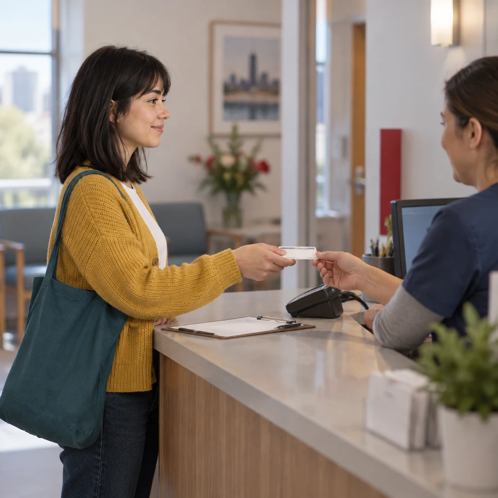 Ana holds out her insurance card toward the staff member at the counter.
