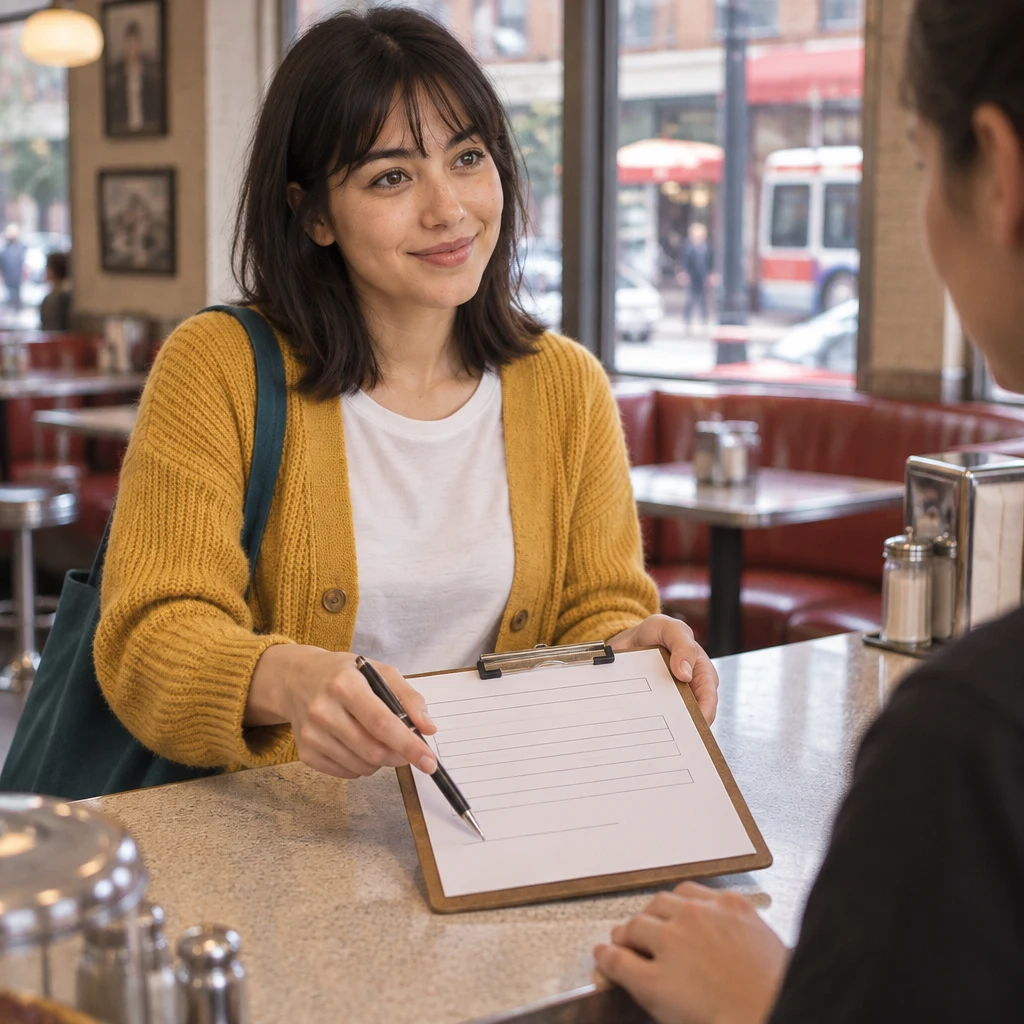 Ana turns the clipboard toward the staff member and points to the blank name line.