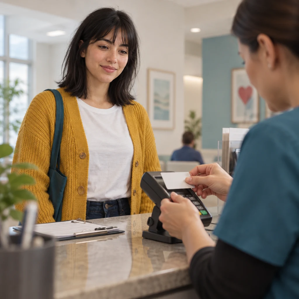 The staff member tries Ana’s insurance card on the reader while Ana watches.