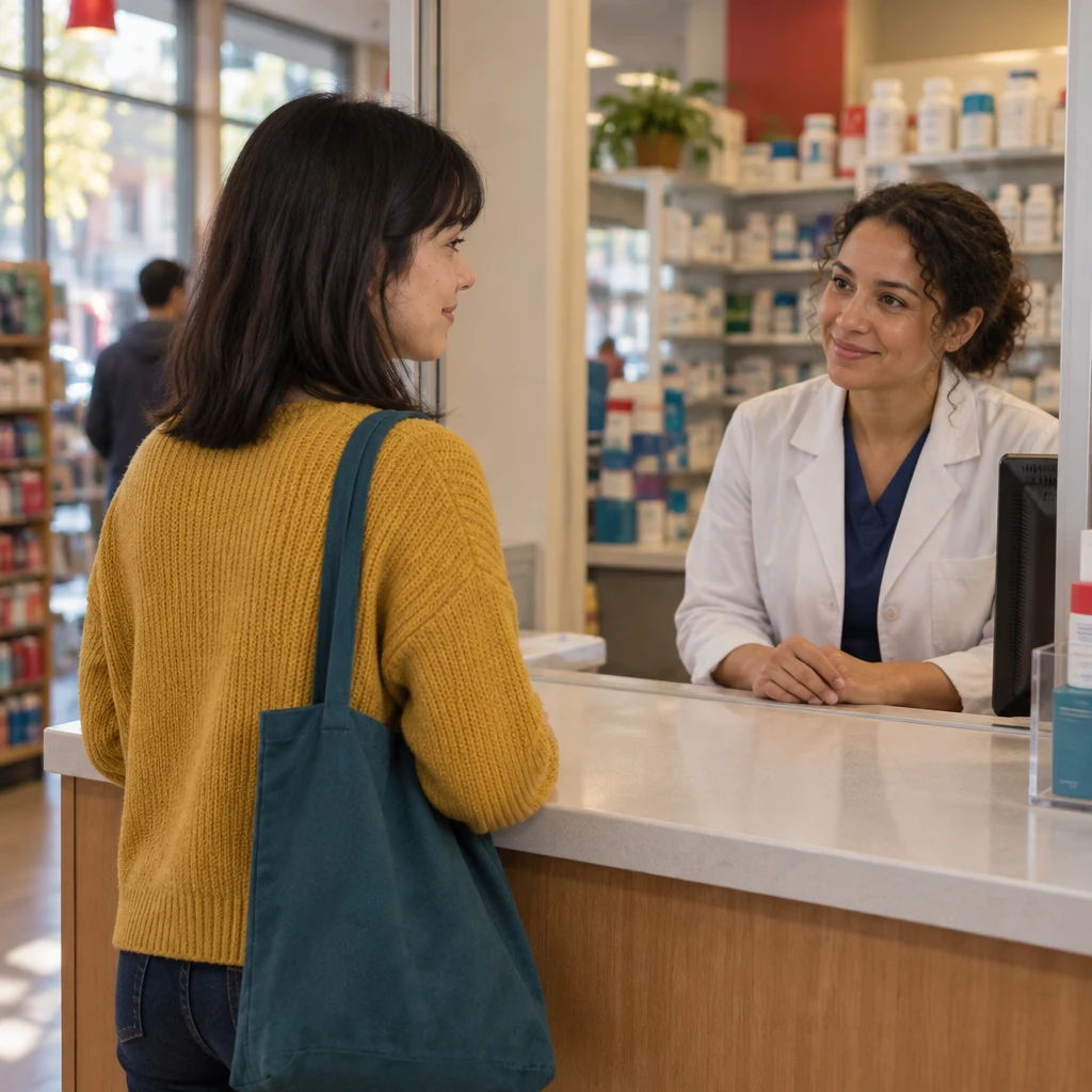 Ana waits at the drugstore pickup window while a clerk attends to her.
