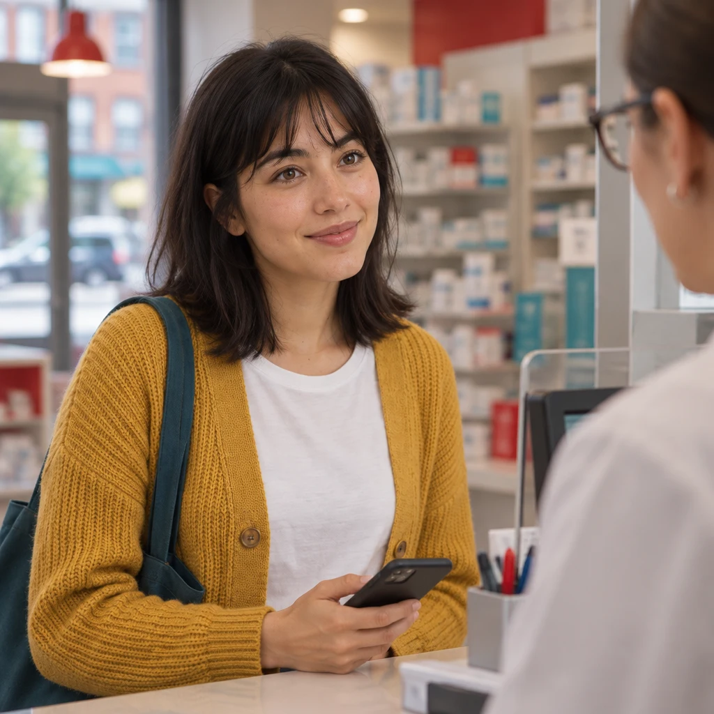 Ana gets the drugstore clerk’s attention and gives the pickup details at the window.