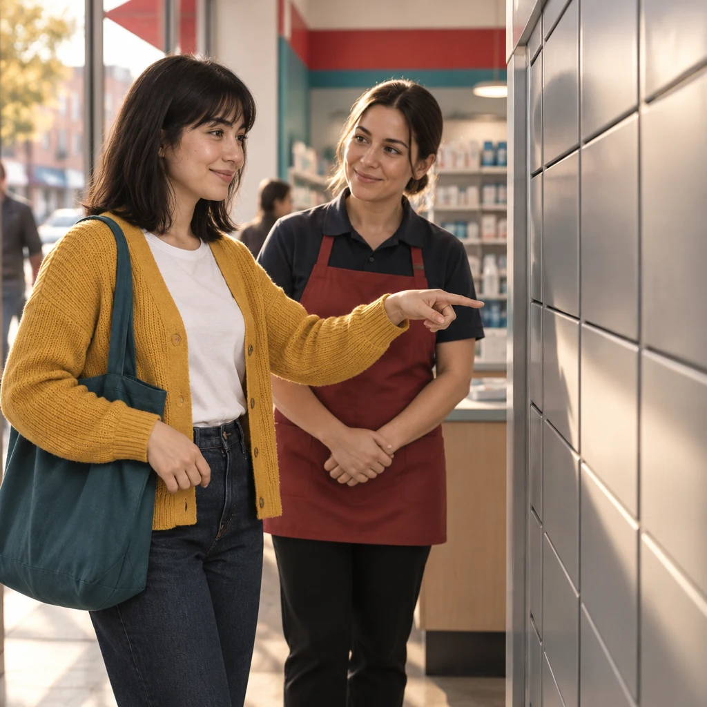 Ana gestures toward the package lockers while the clerk listens nearby.