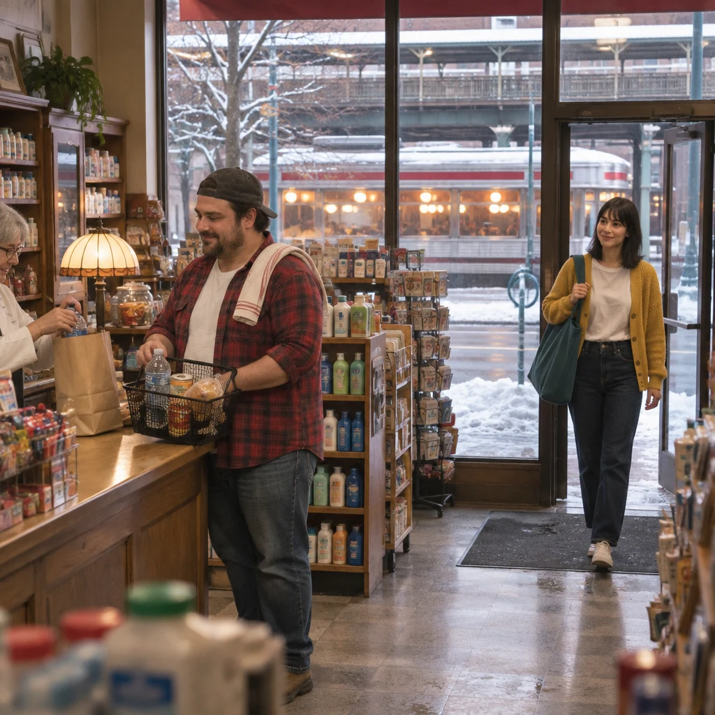Danny gathers supplies at the counter as Ana enters from the snowy sidewalk.