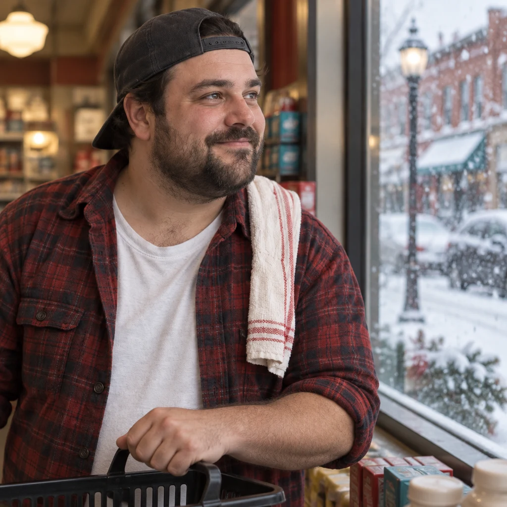 Danny looks through the front window at the heavy snowfall, one hand resting on his basket.
