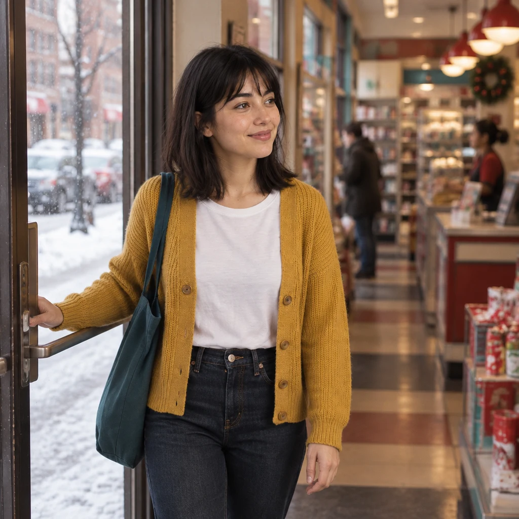 Ana steps just inside the drugstore doorway and turns toward the counter.