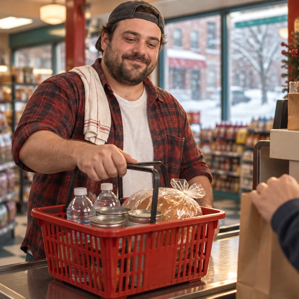 Danny nudges his basket of water, bread, and soup cans along the checkout counter.
