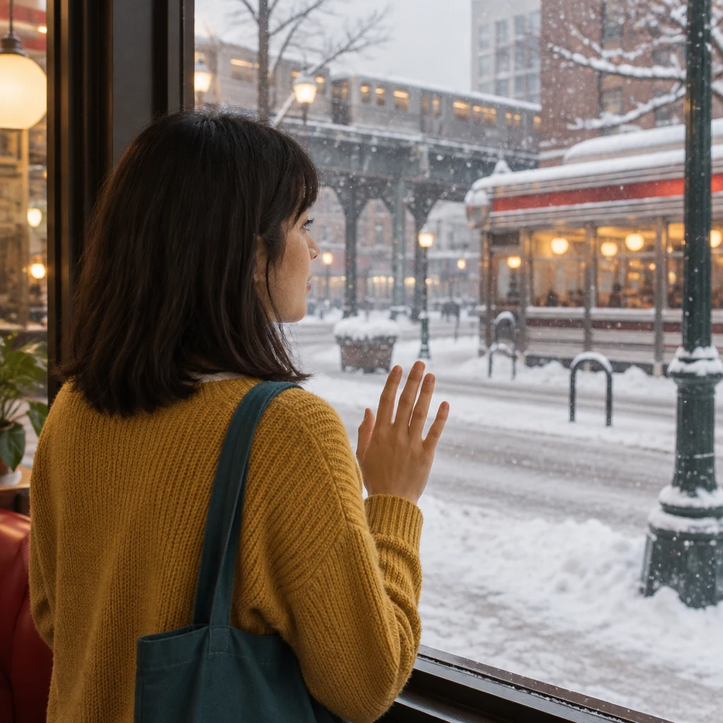 Ana looks from the drugstore window toward the quiet, snow-covered street.