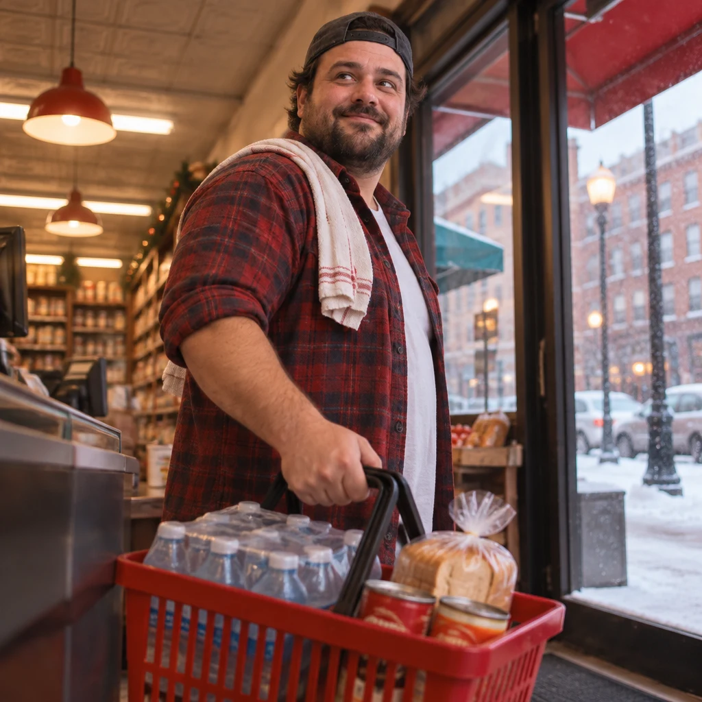 Danny holds his filled basket and pauses beside the counter, ready to head home.