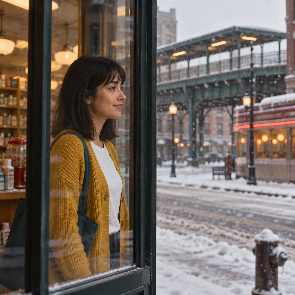Ana stands in profile near the doorway, looking across the snowy street toward the empty elevated train platform.