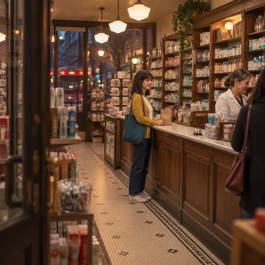 Ana stands at the drugstore counter with her small paper bag while the clerk looks toward the line.