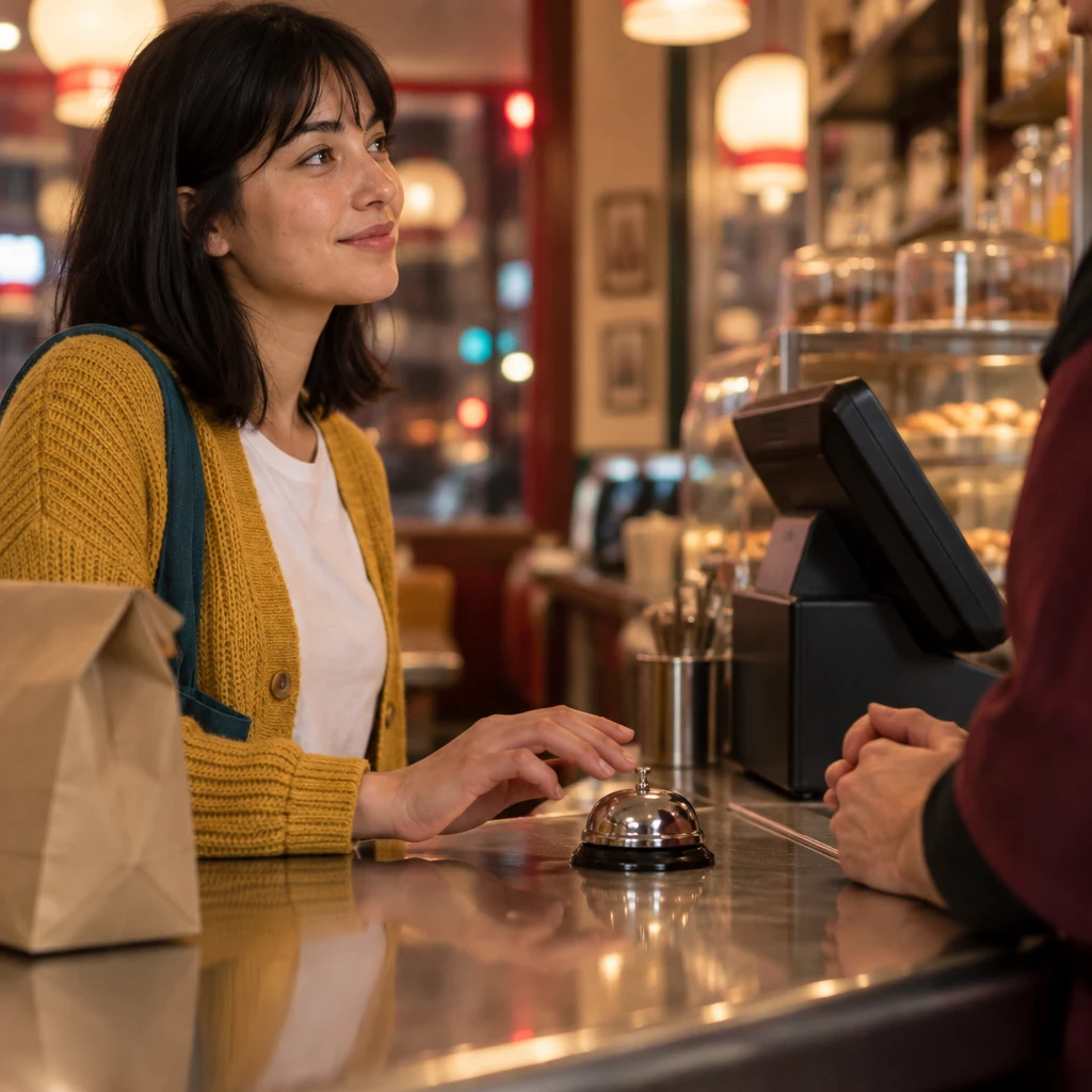 Ana reaches politely toward the service bell to get the clerk’s attention.
