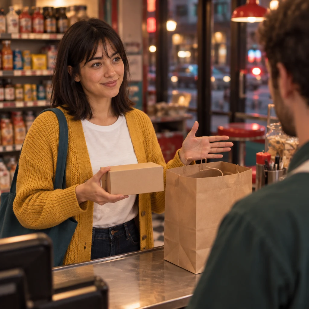 Ana holds up the box whose size does not match her order.