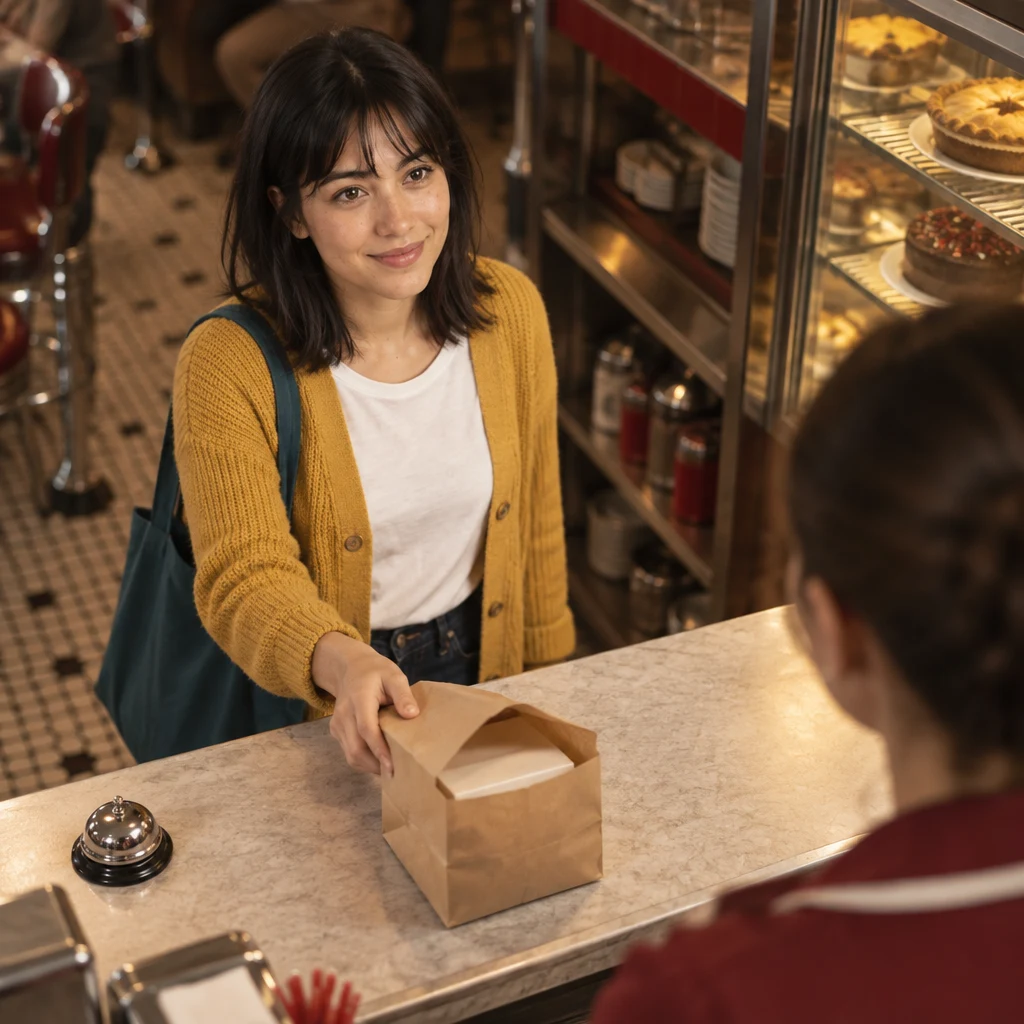 Ana slides the paper bag toward the clerk so the problem can be fixed.