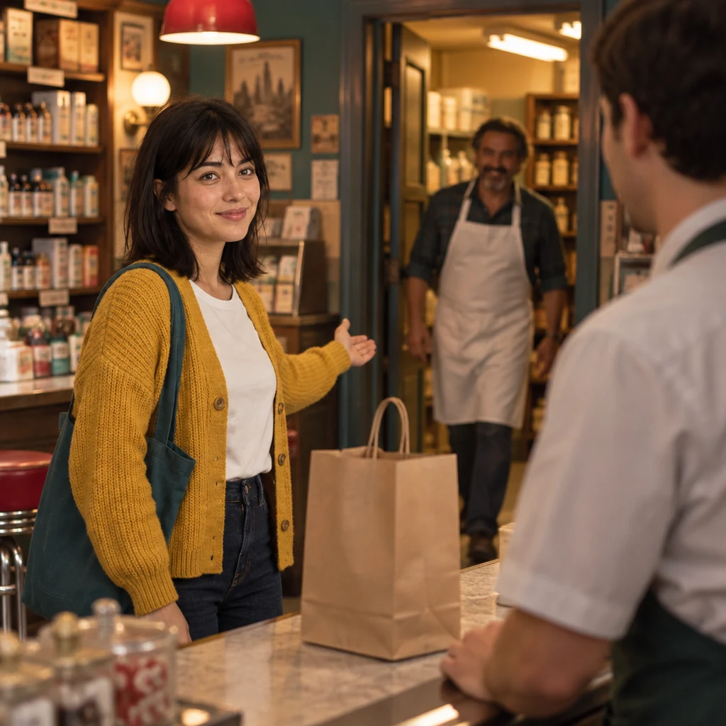 A worker arrives from the back as Ana gestures toward the person in charge.