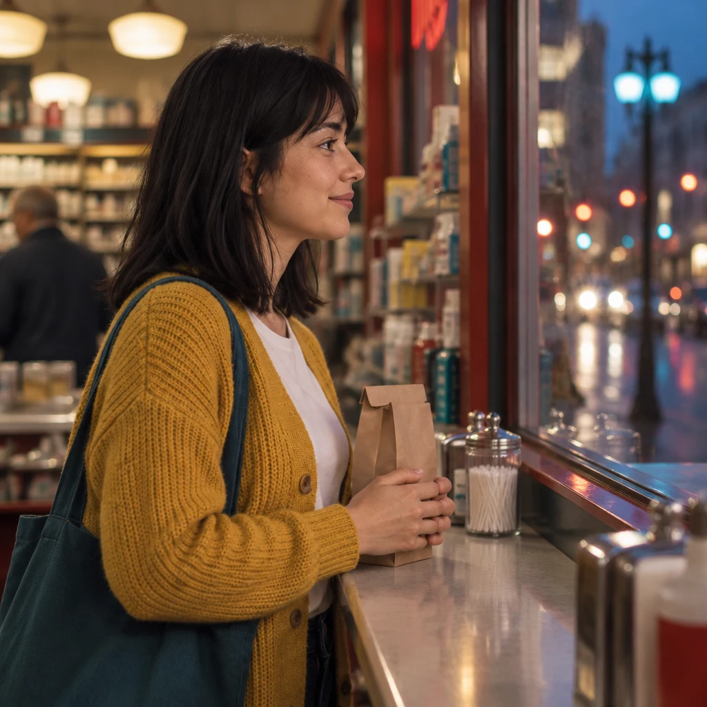 Ana waits with the paper bag near the window, hoping for the mix-up to be solved before evening ends.