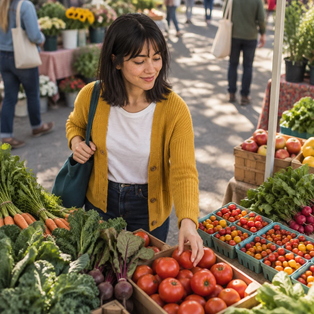 Ana browses fresh produce at a farmers market on Saturday.