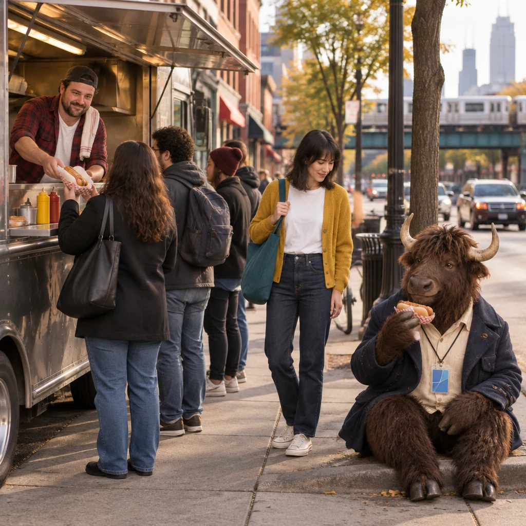 Danny serves at his open food truck as Ana searches the sidewalk for a table and Murray eats a wrapped hot dog nearby.