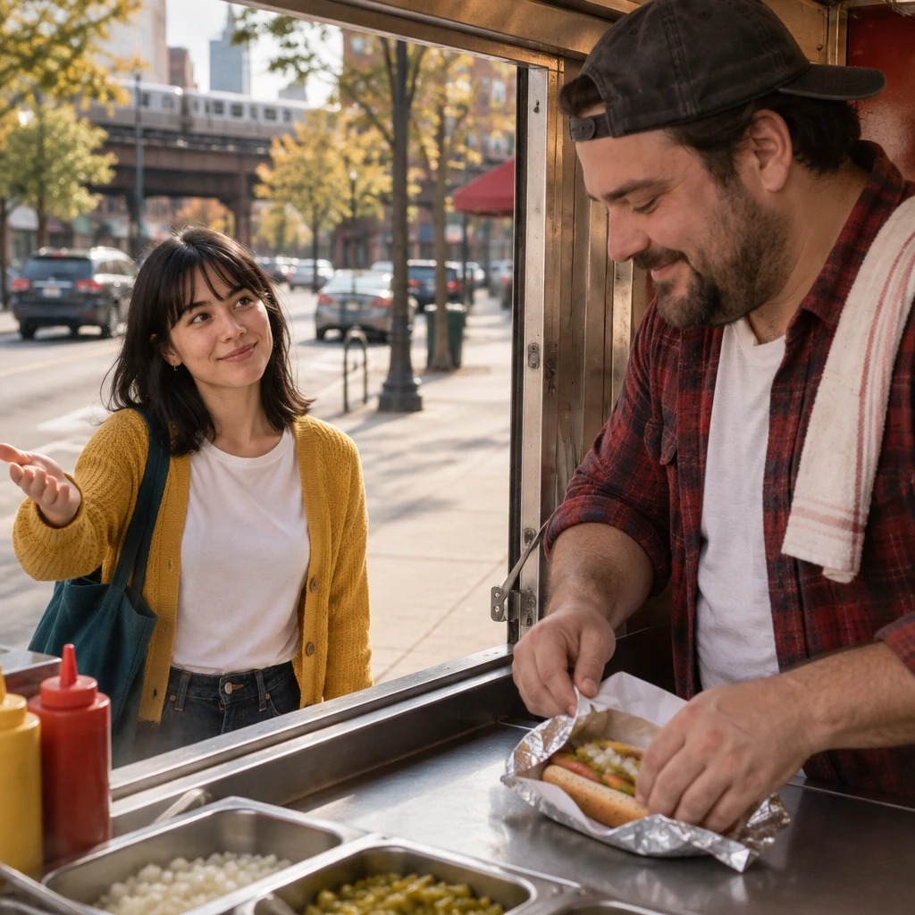 After finding no place to sit, Ana indicates that she will take the hot dog with her as Danny starts wrapping it.