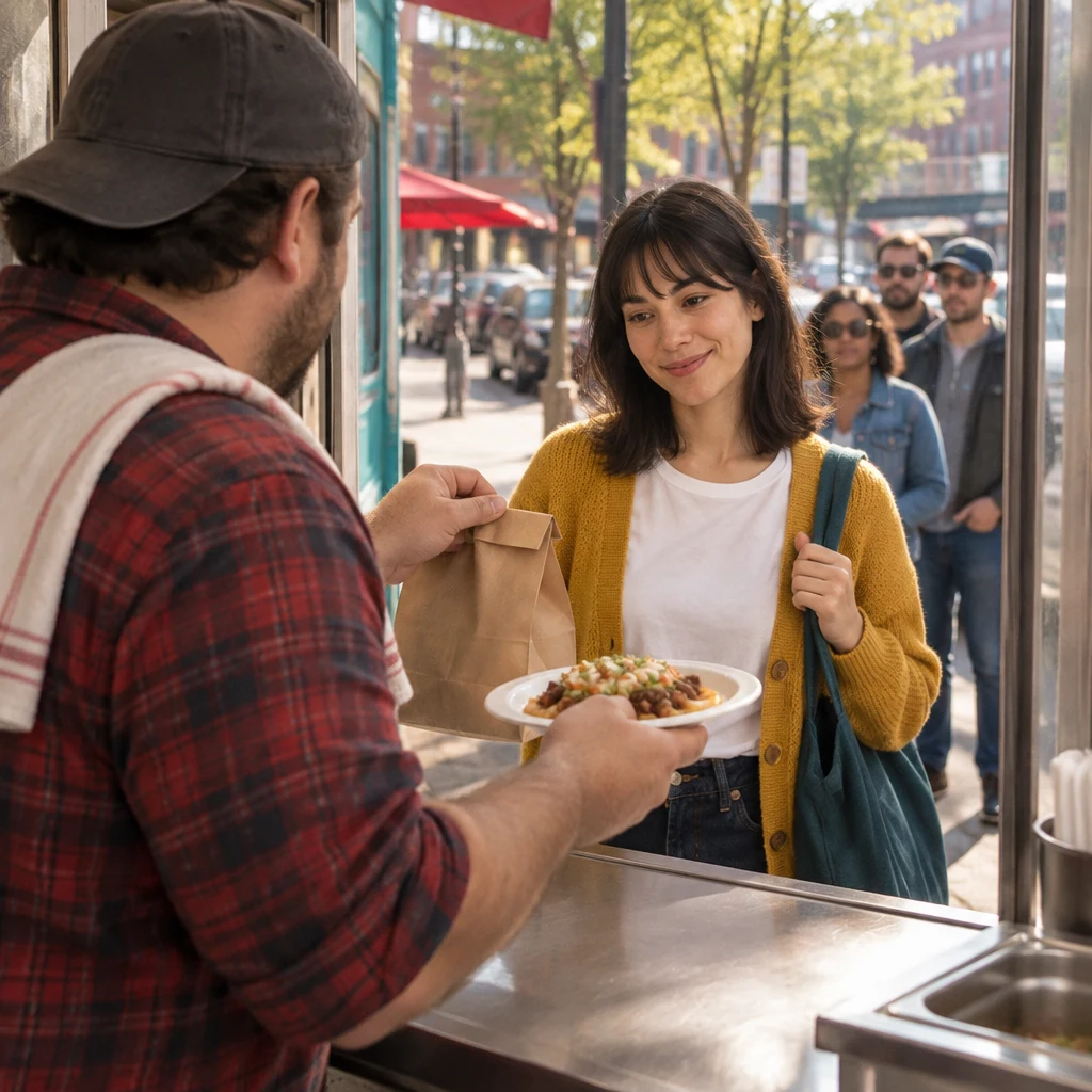 Danny offers Ana a plate or a bag while asking whether she will eat here or take the food with her.