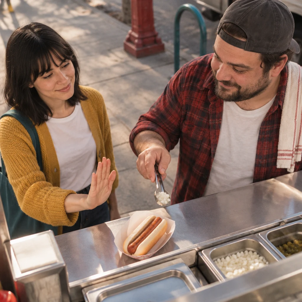 Ana blocks the onions with her hand before Danny can add them to her hot dog.