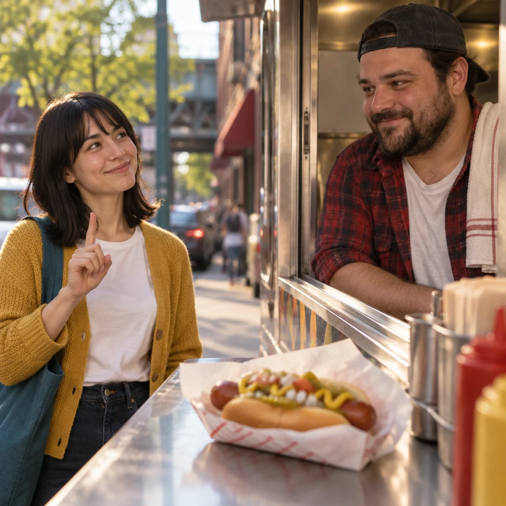 Ana indicates that she wants only the hot dog as she thanks Danny at the counter.