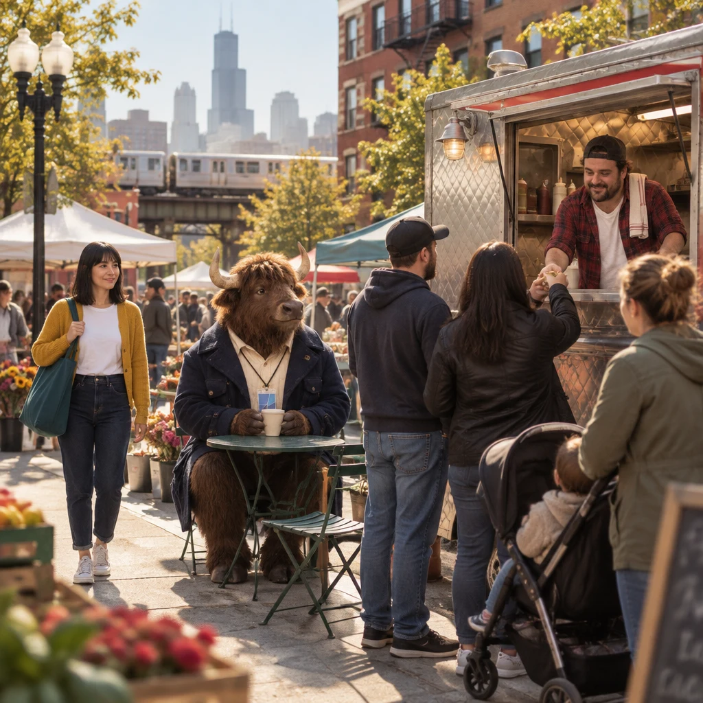 Danny’s food truck is open on the busy Saturday boulevard, with Ana approaching and Murray nearby.