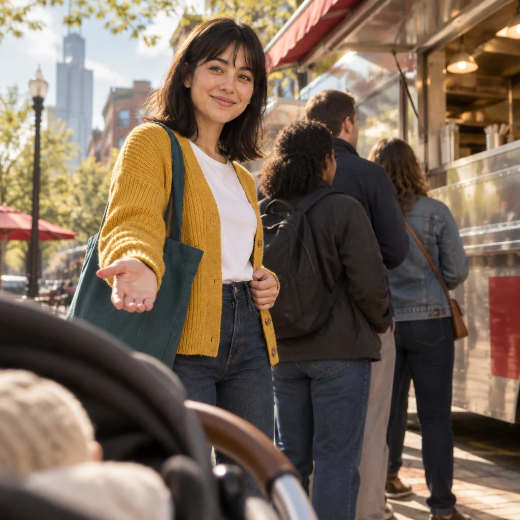 Ana offers the parent with a stroller the chance to go before her.