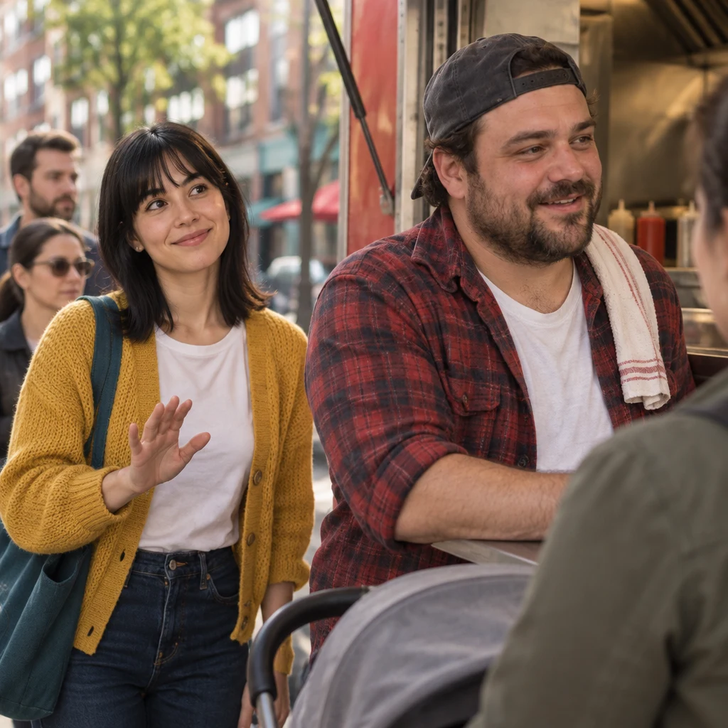 Ana politely interrupts while Danny is still talking with the parent at the window.