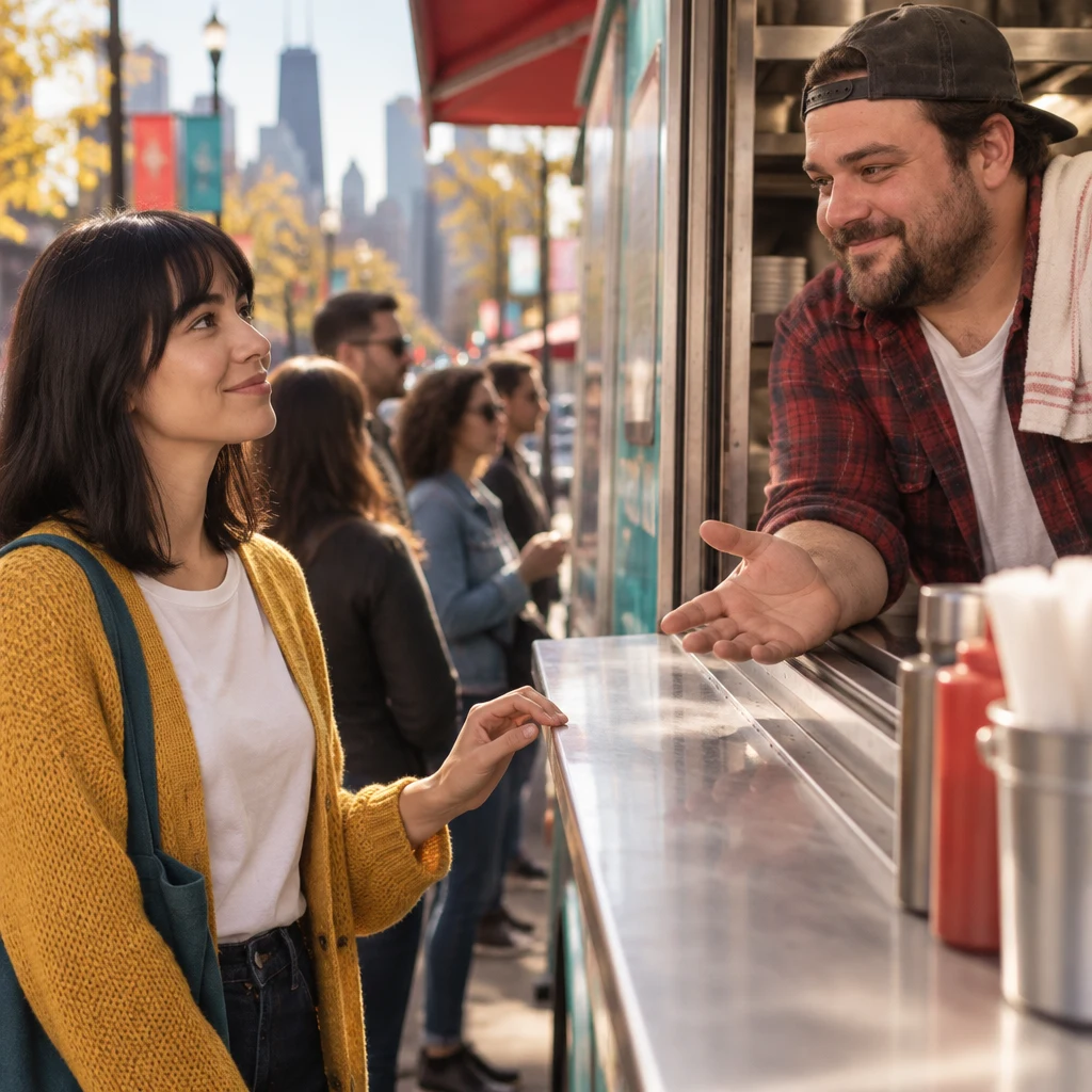 Ana checks whether she is next as Danny gestures gently from behind the counter.