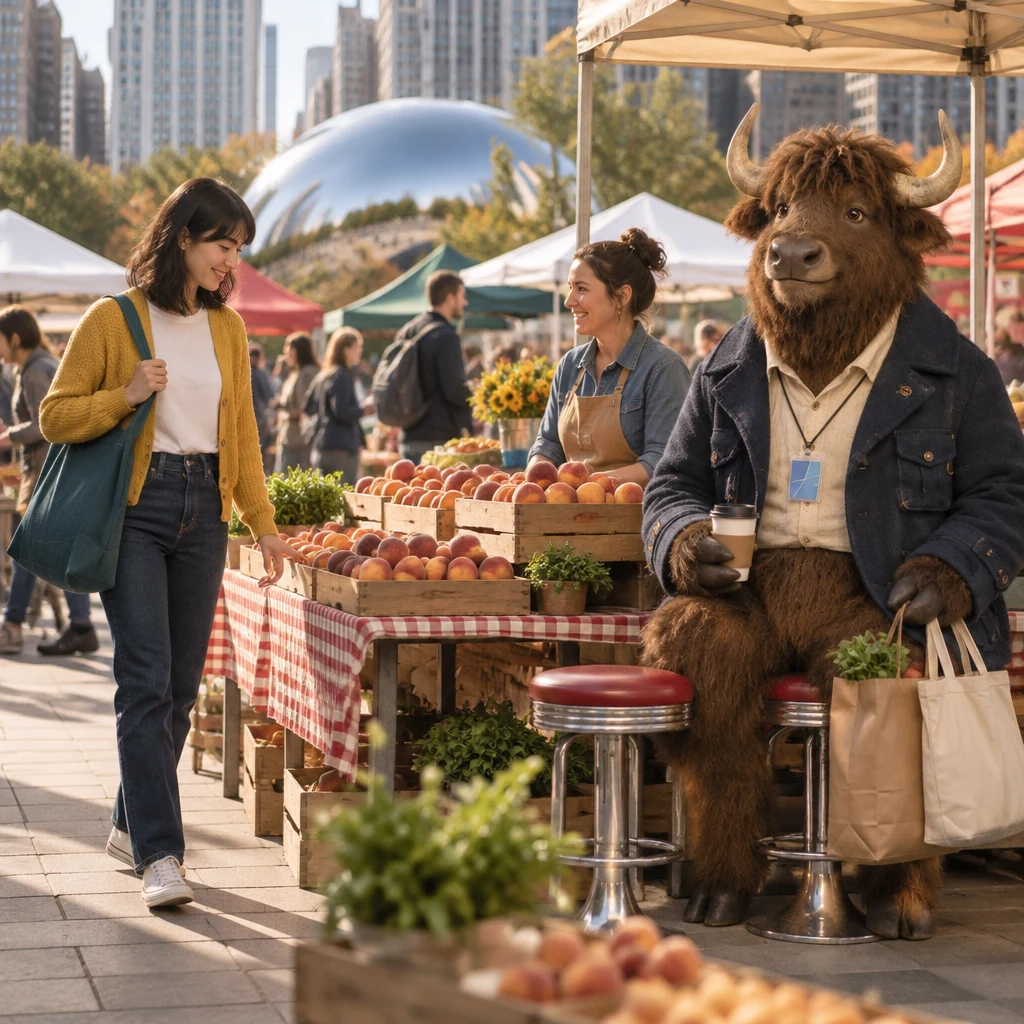 Ana walks up to the peach stall as Murray waits nearby with his bags and coffee.
