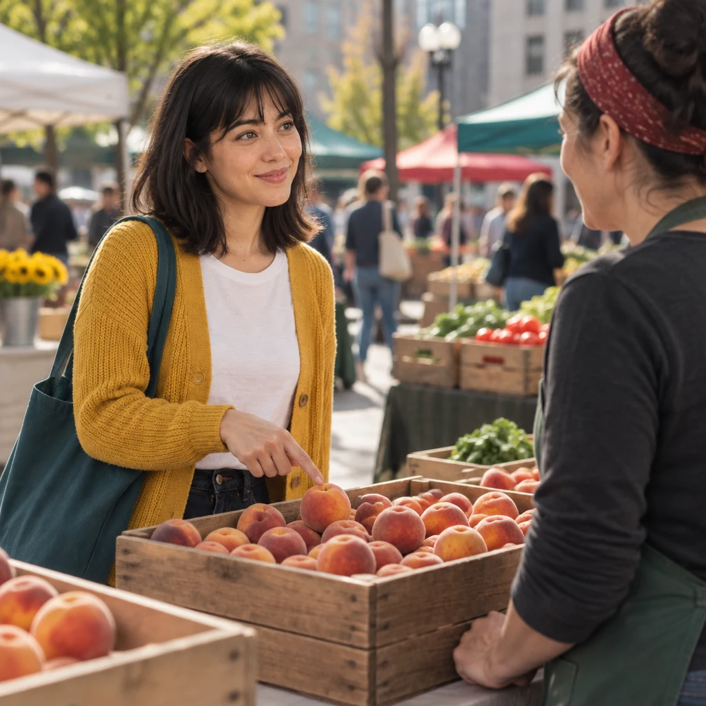 Ana points to a crate of peaches while looking toward the clerk.