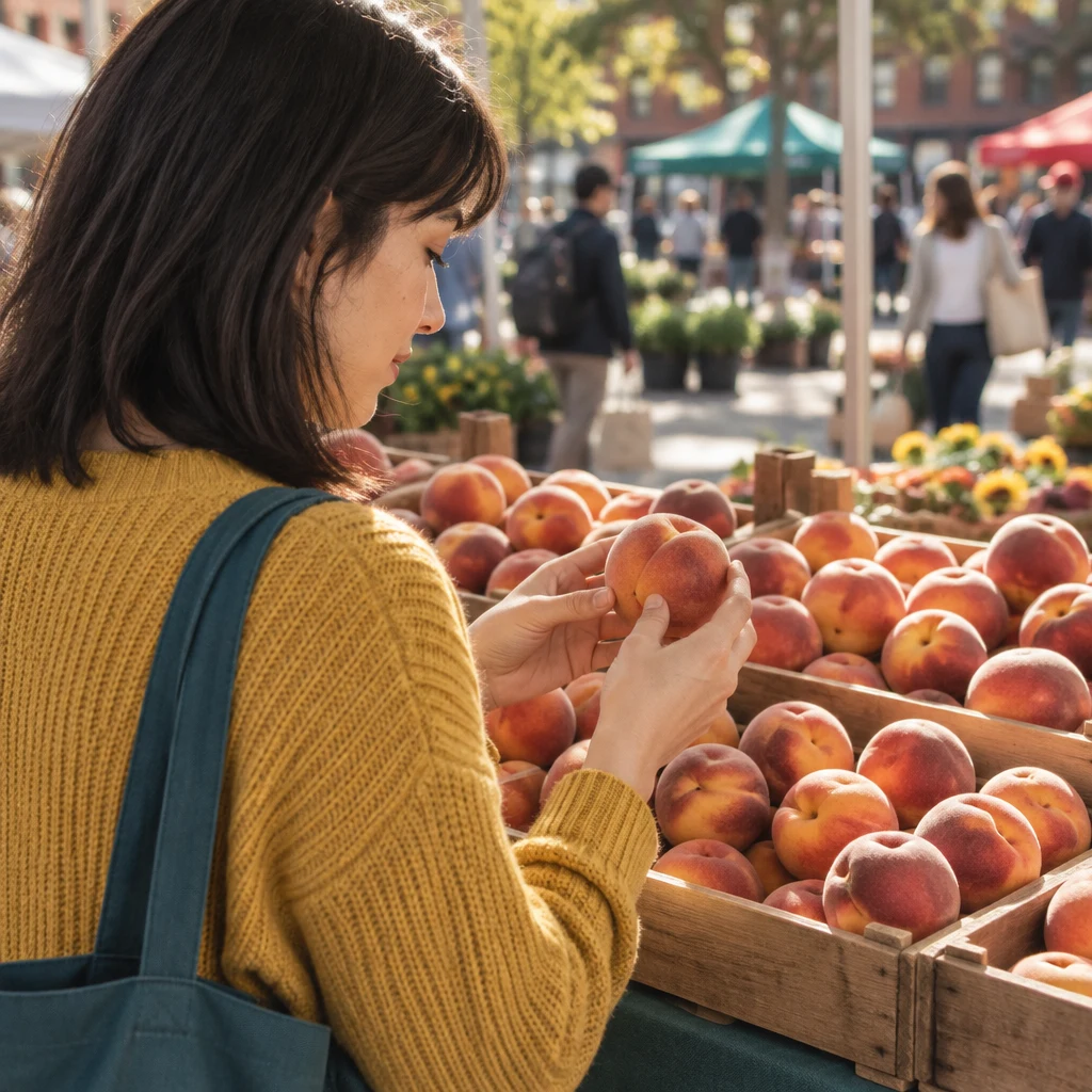 Ana turns a peach in her hands while studying the fruit in the crate.