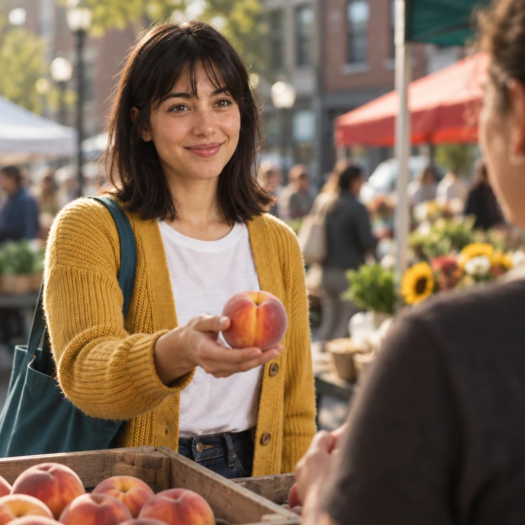 Ana holds a peach forward in a polite request to taste it.