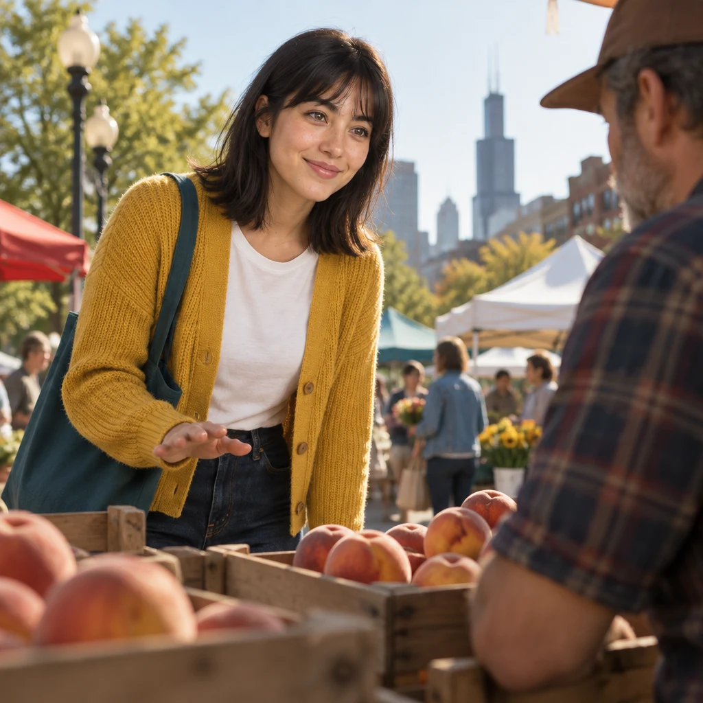 Ana leans toward the table and makes a gentle gesture asking for a better price.