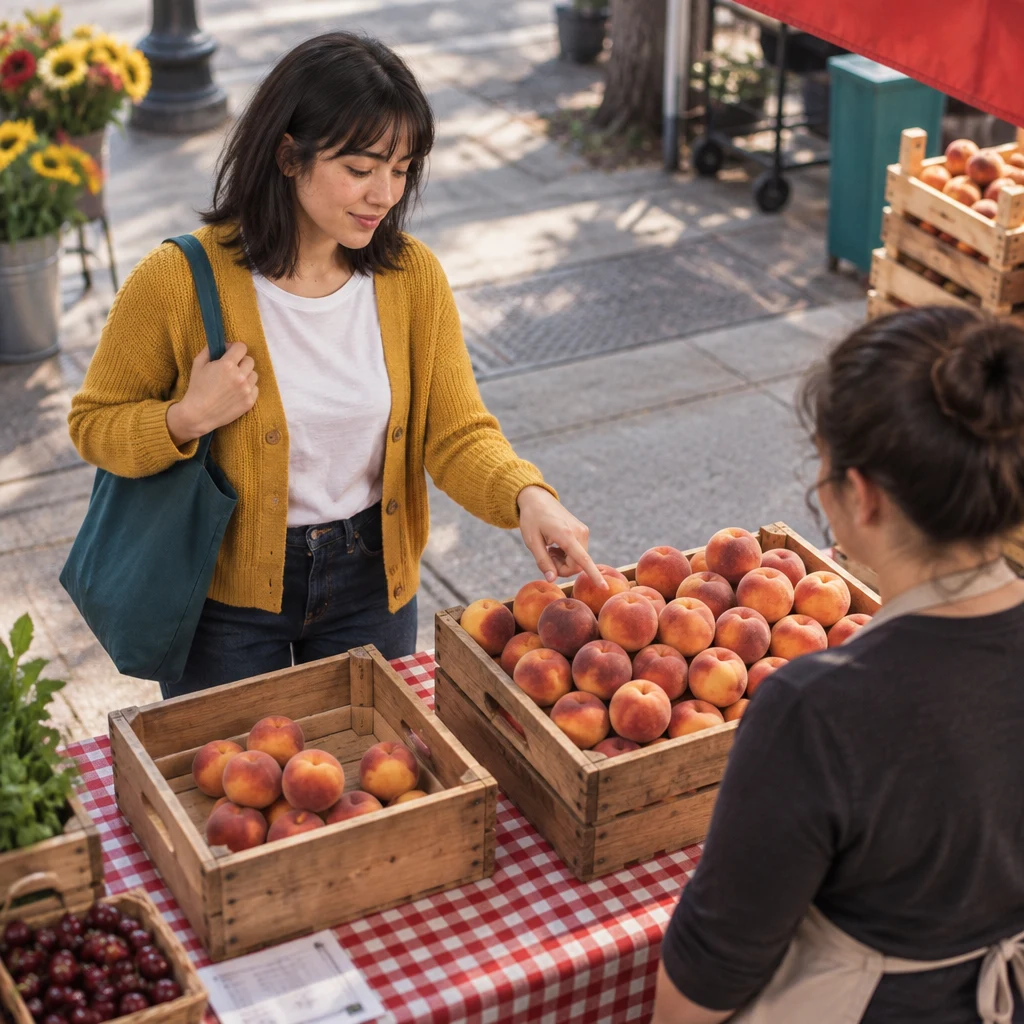 Ana gestures between a small pile of peaches and a fuller crate while considering a larger purchase.