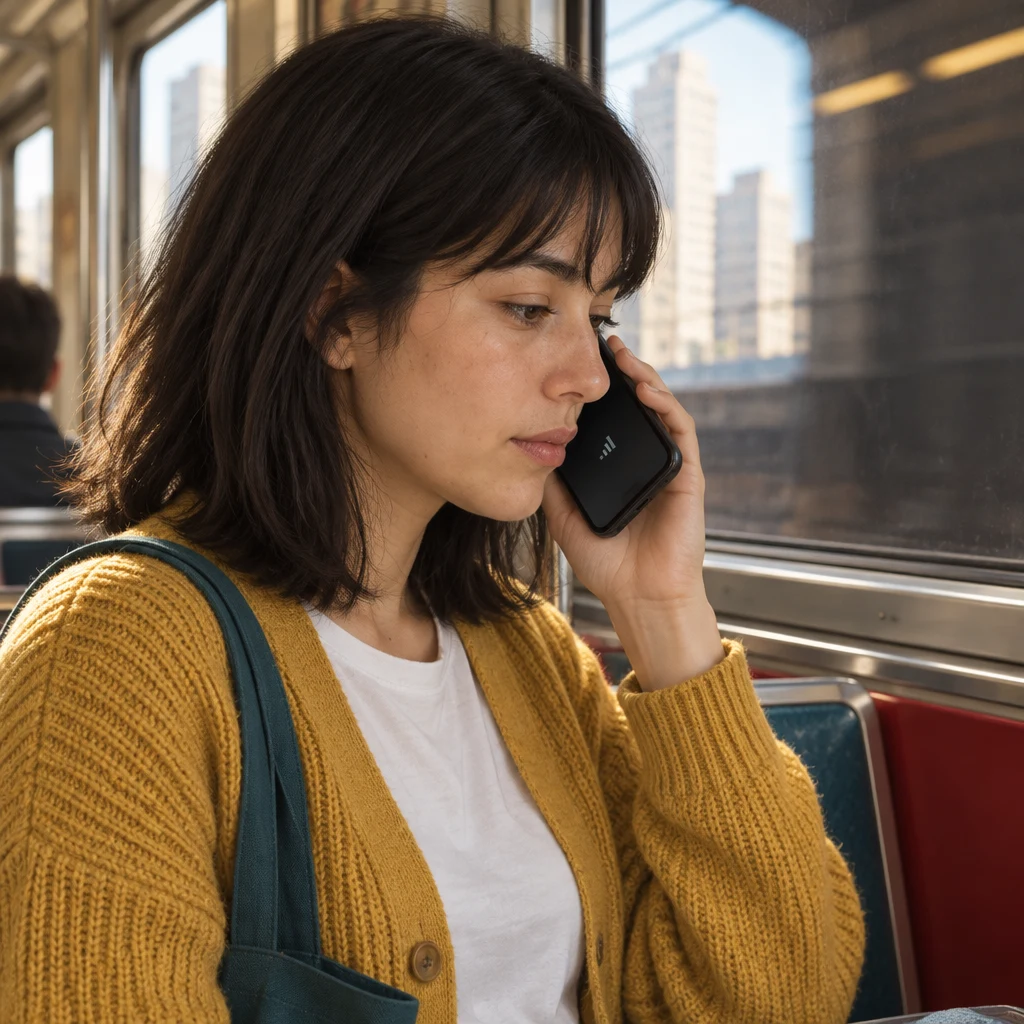 Ana glances at her phone as the call begins to break and the train reaches the tunnel entrance.