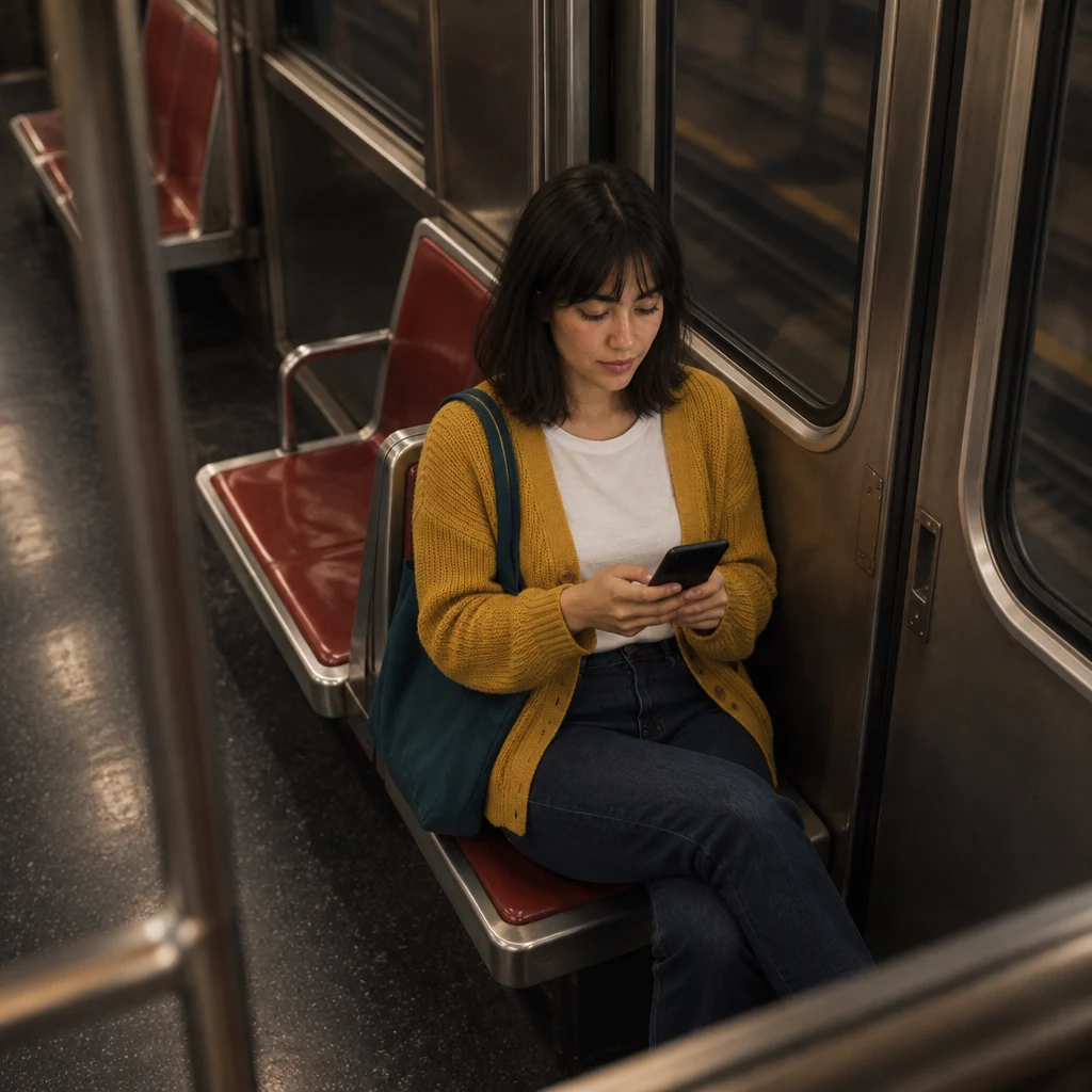 Ana looks down at her dim phone in the darkened underground car after the call ends.