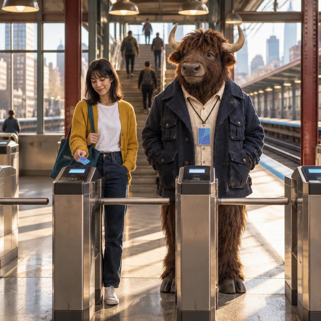 Ana holds her new transit card near the fare gate while Murray waits beside the reader with his card on a cord.