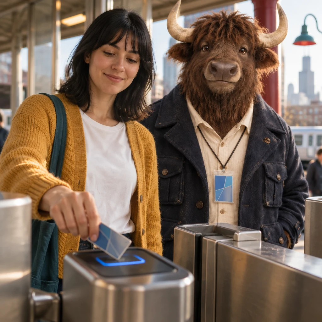 Ana taps her transit card on the reader as Murray waits beside her.