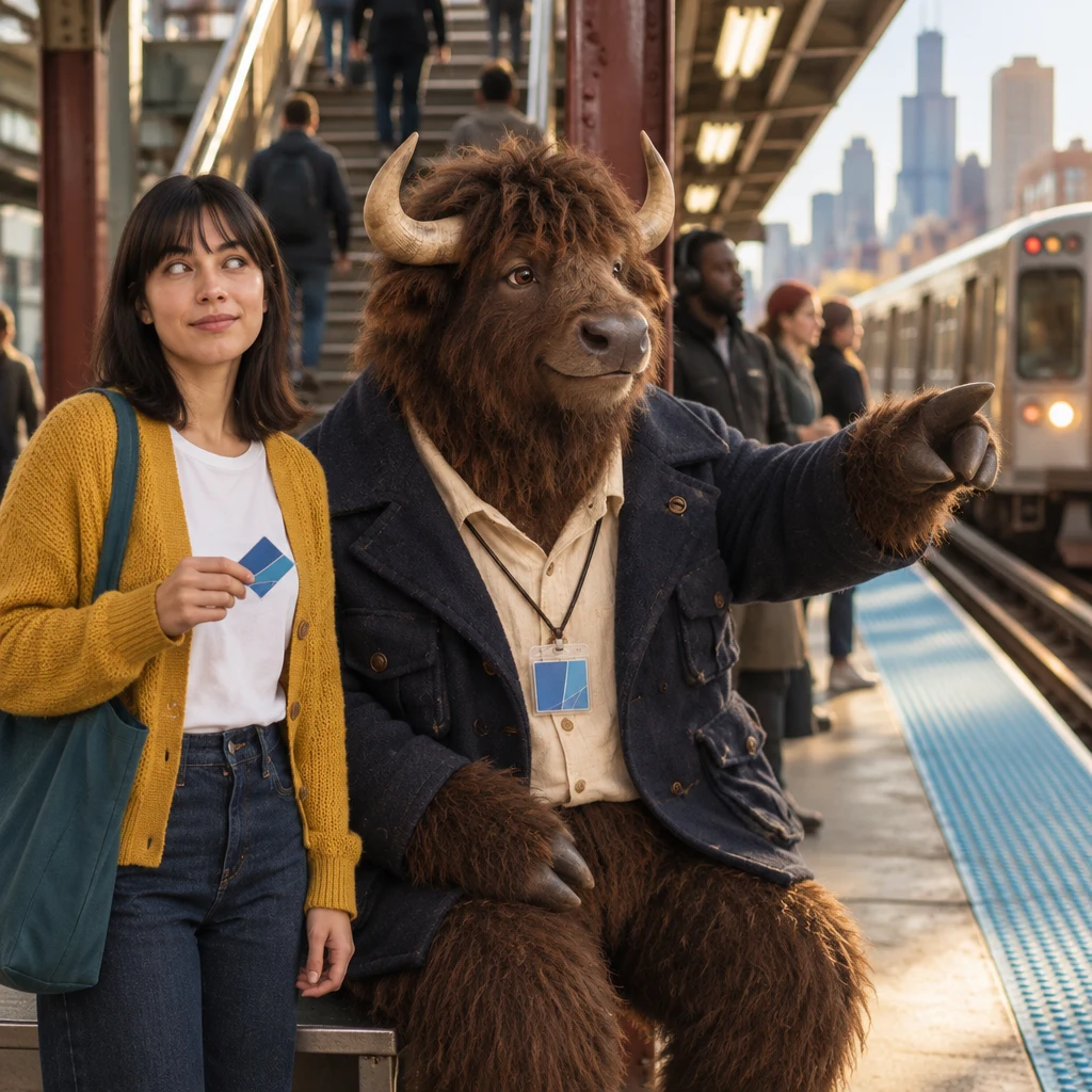Ana looks toward the waiting riders while Murray gestures toward the platform stairs to clarify that she needs a train name or color.
