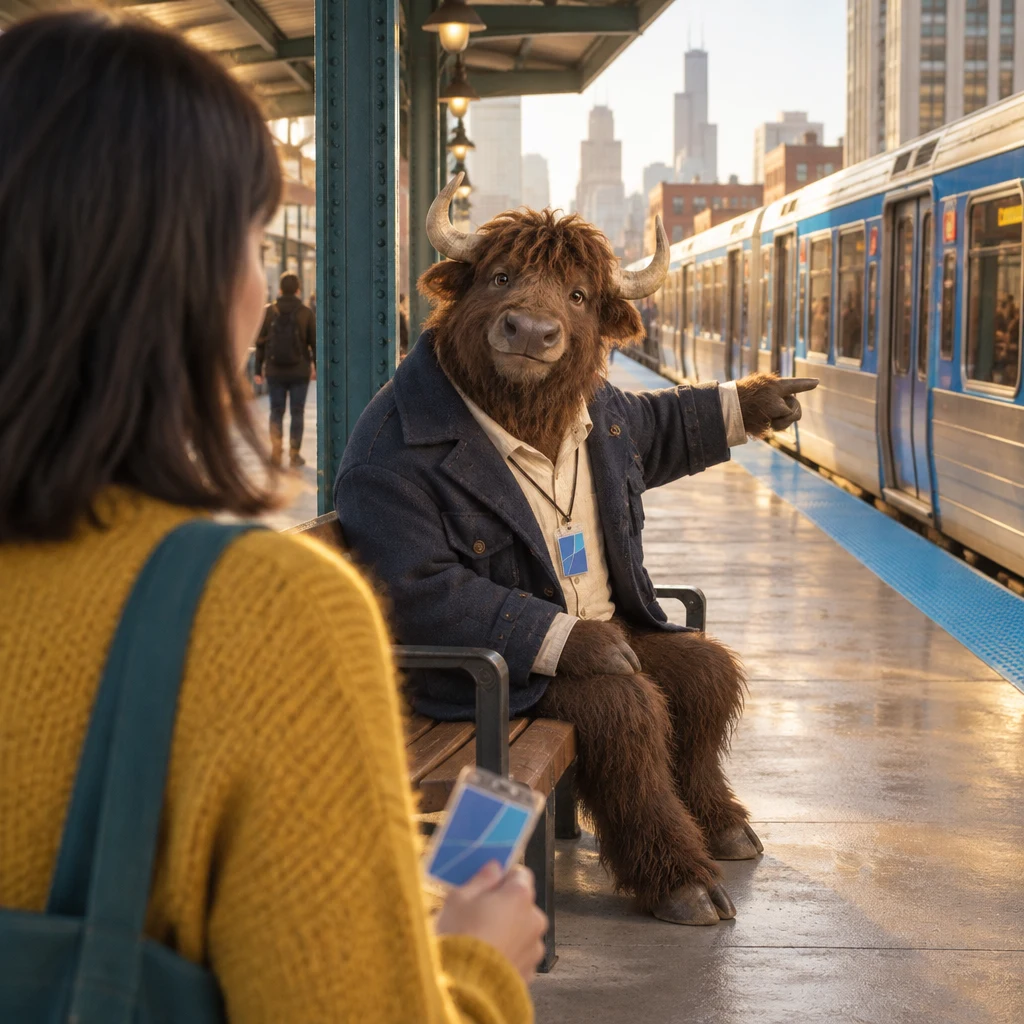 Murray points Ana toward a blue-sided train on the platform.