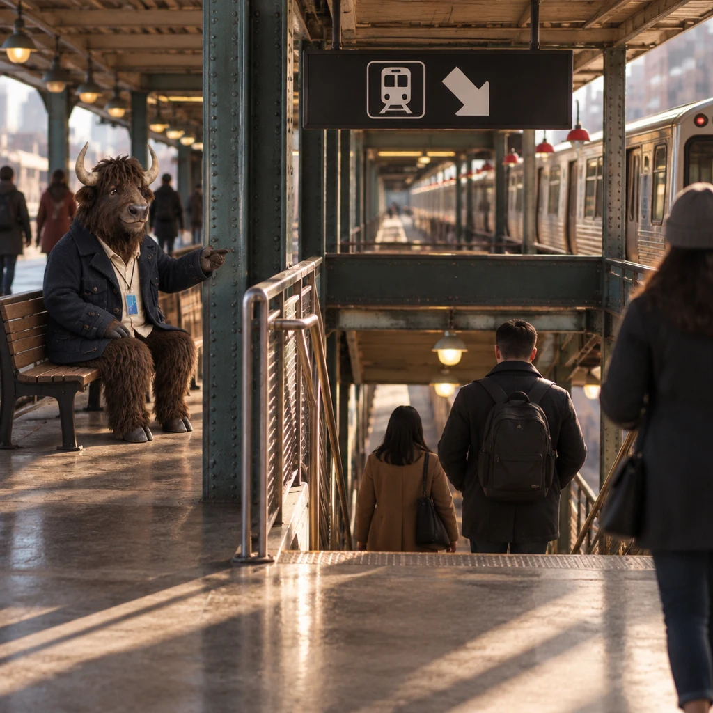 Murray gestures toward the station passage where passengers can change trains.