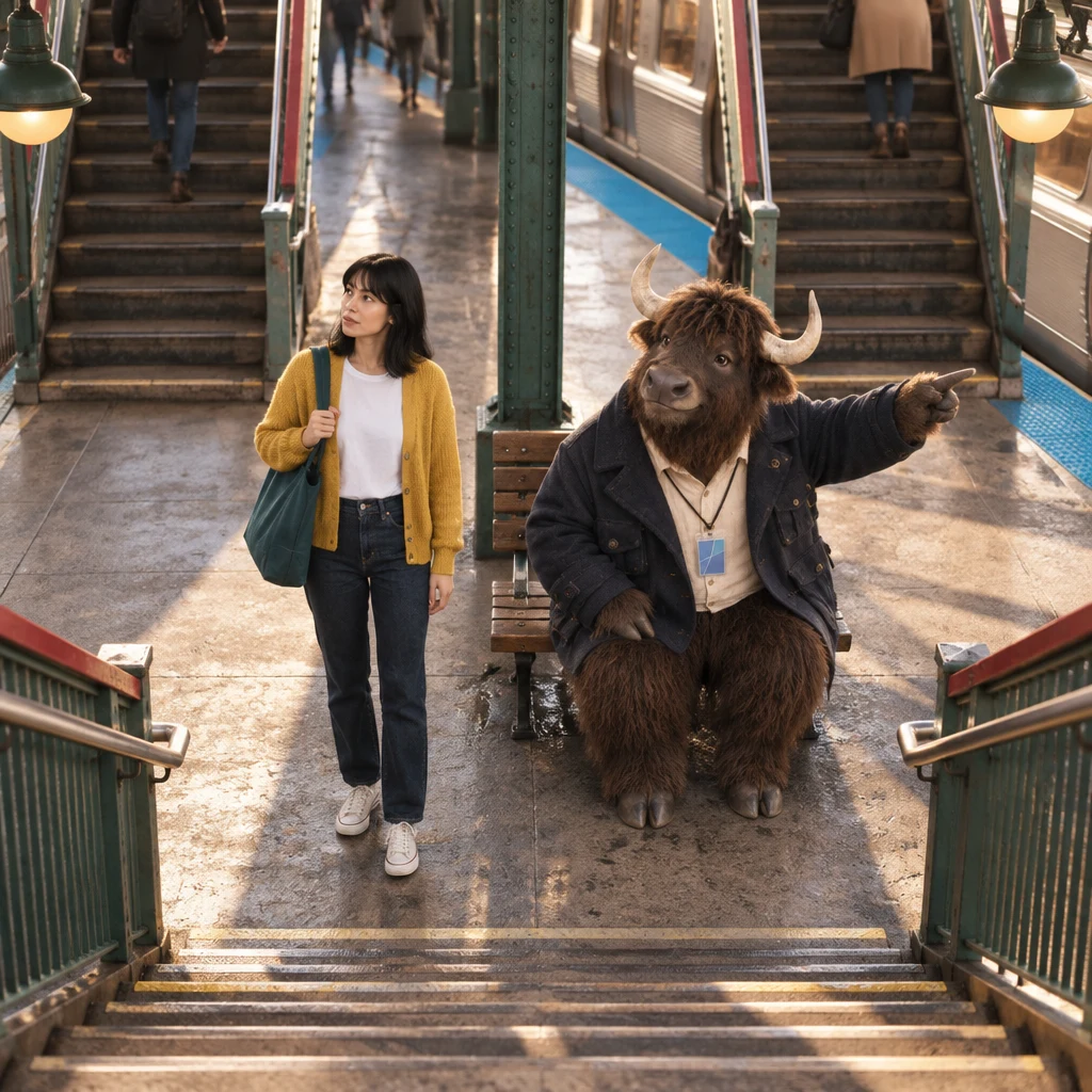 Ana considers two stairways to the street while Murray points toward one of them.