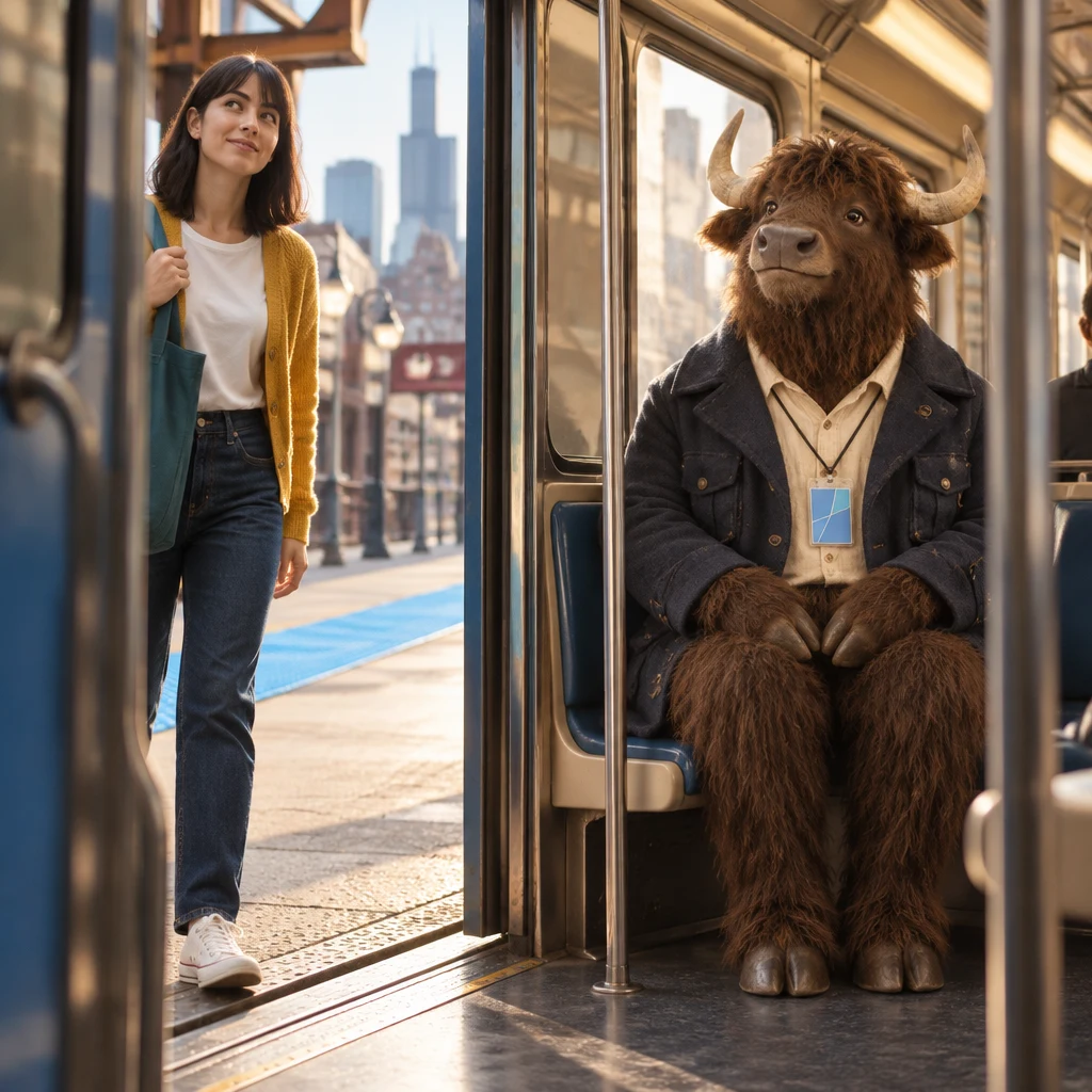 Ana pauses at the open train doorway to check the blue-sided train while Murray sits across two seats inside.