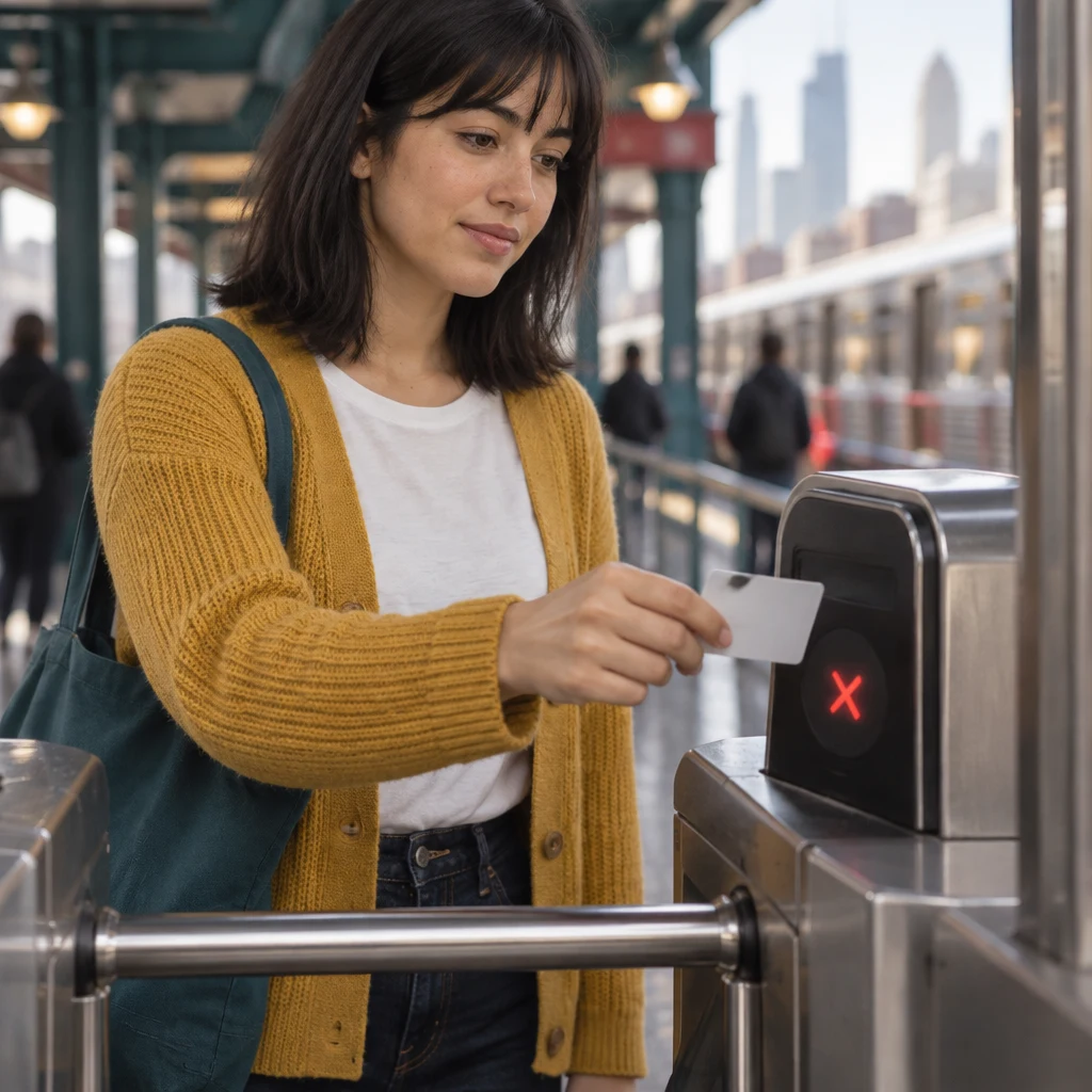 Ana holds her card near the reader after the gate has stayed shut.