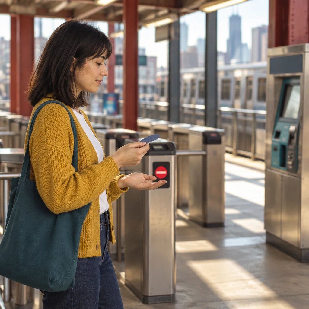 Ana steps back from the gate and gestures toward her card as she decides to add money.